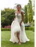 Illusion Neck Beaded Ivory Lace Tulle Sparkly Wedding Dress